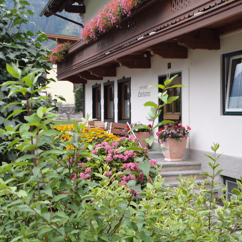 Blühender Eingangsbereich der Pension Eberharter in Mayrhofen mit bunten Sommerblumen und gemütlicher Sitzgelegenheit vor dem Haus.